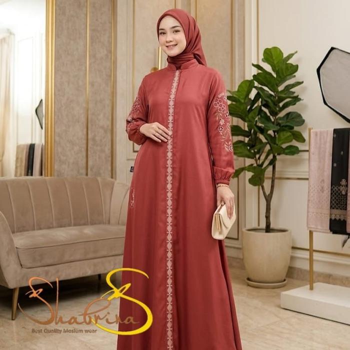 Gamis Shabrina Zayna Bordir Vertikal Simetris & Sulaman Bunga Lengan Floral A-line Elegan untuk Ootd