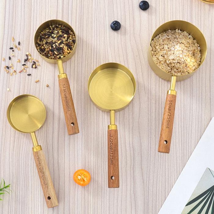 Sendok Takar Golden Stainless Steel Wooden Handle Tahan Panas - Sendok Takar Kopi Susu Gula Tepung S