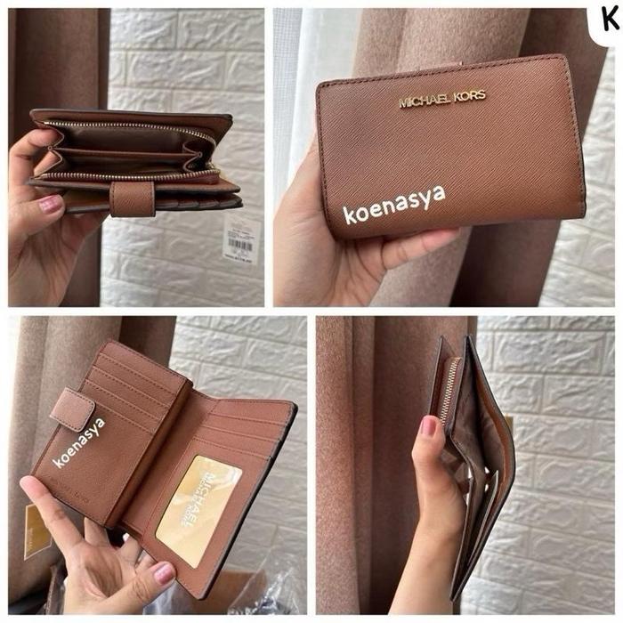 baru dompet wanita original mk jet set travel md bifold zip coin wallet luggage brown new (kurleb 13