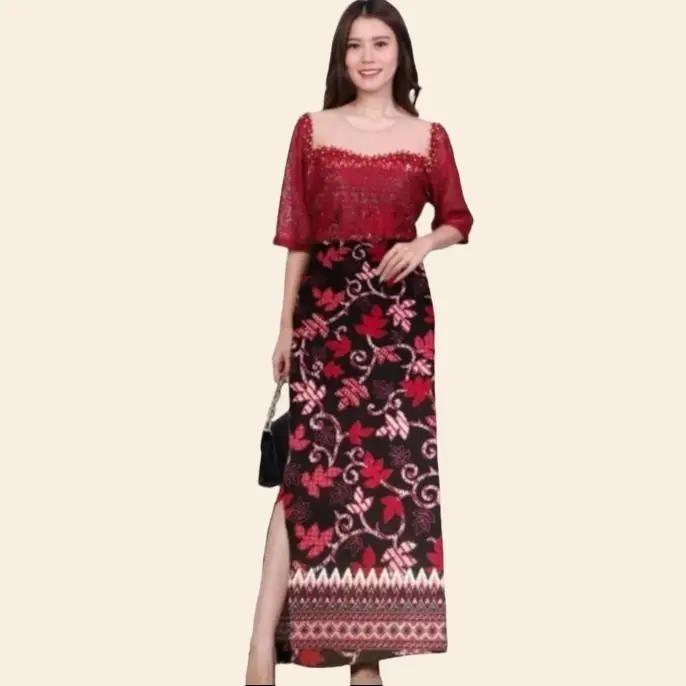 Dress Batik LUNA Brukat Kombinasi Baju Terusan Pesta Kondangan Midi Wanita Elegan Murah Good Quality