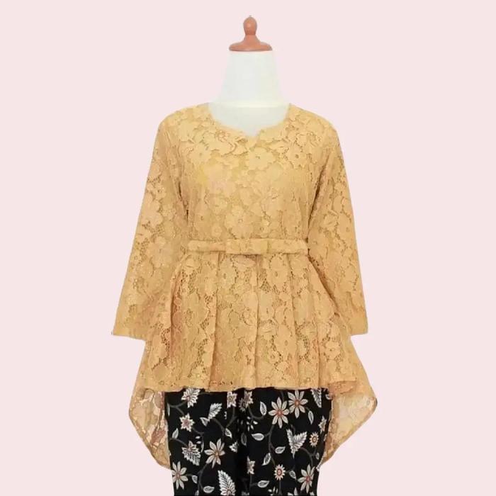 Atasan Kebaya Modern Model Aurora Bahan Brukat Premium Warna Gold Wanita Dress Panjang Putih Mewah P