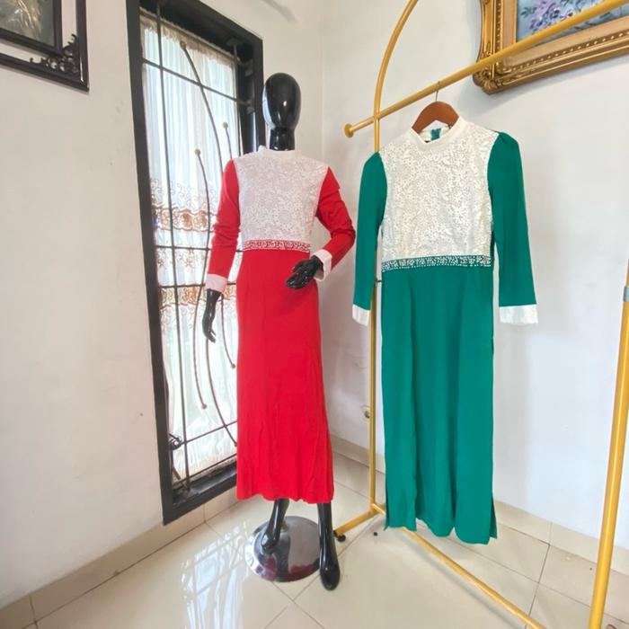 Gamis SNQ Impor Mewah Murah Dada Motif Brokat & Pinggang Payet Warna Merah dan Hijau Elegan untuk Ac