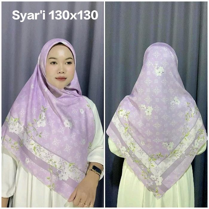 KERUDUNG SYAR'I JUMBO HIJAB SEGI EMPAT VOAL MOTIF BUNGA QIRANI UNGU LILAC