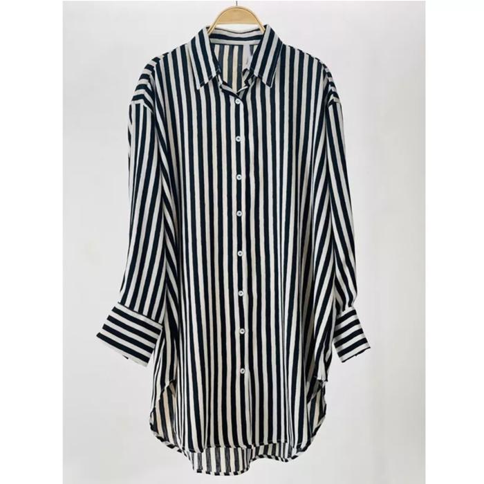 Tunik Wanita Motif Stripe Shirt Garis Salur Katun Rayon Nyaman Lembut Oversize dengan Desain Garis V