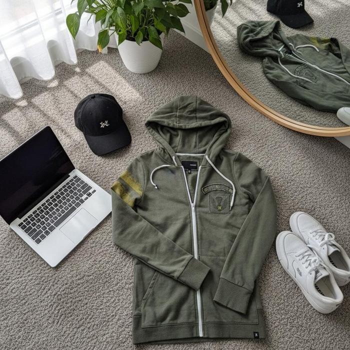 HURLEY Jaket Hoodie Zip Up Pria & Wanita Hijau Olive Army Premium Streetwear Style Nyaman Untuk Seha