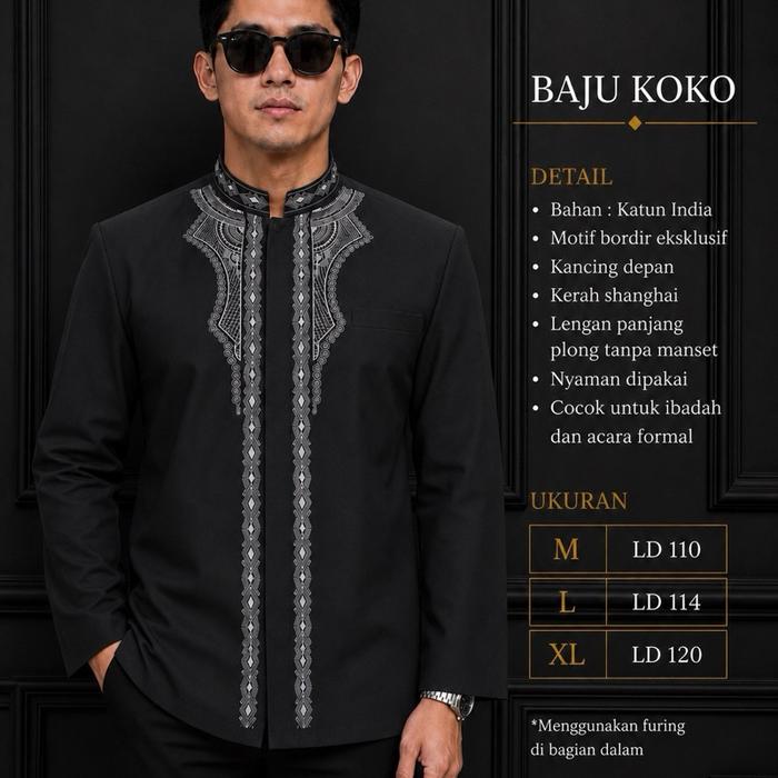 Hasgradini Baju Jas Koko Pria Hitam Lengan Panjang Katun India Muslim K Formal Lembut Nyaman Keren D