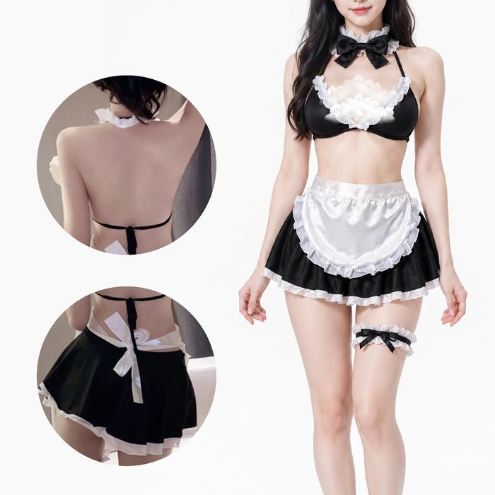 Lingerie Wanita Maid Costume Hitam Putih Set Bra Rok Apron Ruffle Lace Pita Bow Garter Kostum Pelaya