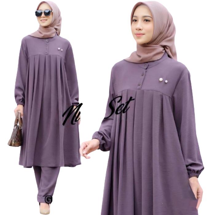 NIRA One Set Setelan Wanita Muslim Terbaru Tunik Panjang Polos dan Celana Kulot Oversize Bahan Crink