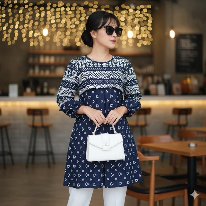 Shanaya Batik Tunik Seling Cap Garutan Navy Batik Asli Solo Atasan Batik Modern S M L XL XXL Seragam