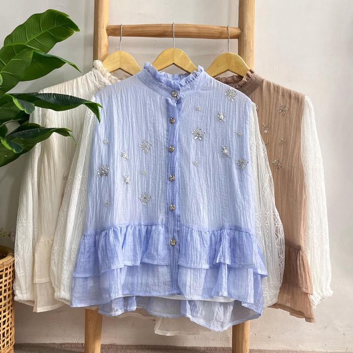 D BLOUSE RUFFLE LENGAN TULLE BROKAT 3598 3599 3600 WARNA SOFT BLUE PUTIH BROKEN WHITE MILO KHAKI De