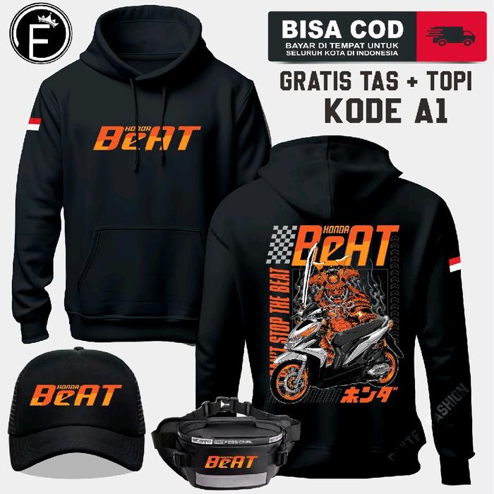 SWEATER HOODIE HONDA BEAT JAKET BEAT BAHAN BERKUALITAS NYAMAN DIPAKAI PLUS TOPI DAN TAS