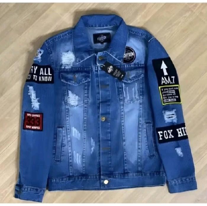 Jaket Jeans Denim biru dan putih motif  Terbaru Pria Wanita Keren Casual Distro, Panjang Cowok Biru 