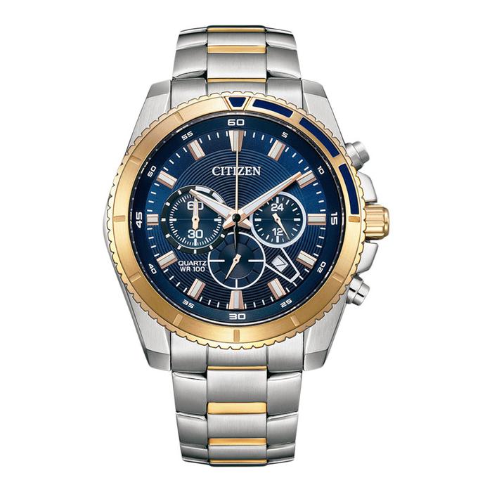Jam Tangan Pria Citizen Chronograph AN8206-53L Men Blue Dial Dual Tone Stainless Steel Strap