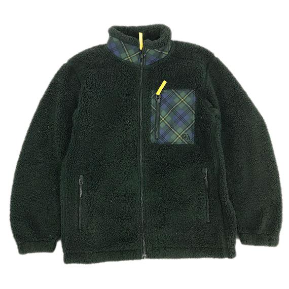 Uniqlo x JW Anderson Fleece Sherpa Hijau Tua Jaket Hangat dengan Desain Plaid dan Saku Zip