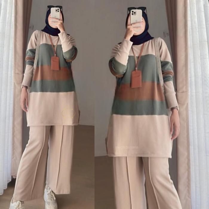Vioni Setelan Wanita Modern Cantik Mewah Tunik Bahan Kaos Knit Hayako Premium Lengan Panjang Pola Po