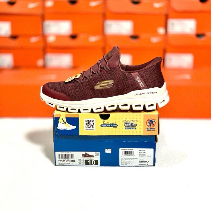 SEPATU PRIA SKECHERS GLIDE STEP BURGUNDY ORIGINAL SLIP ON TALI VARIASI
