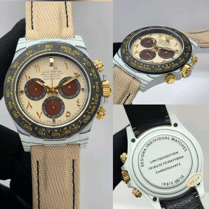Dr.Jam II RLX DAYTONA DIW WHITE CARBOQUARTZ CARBON YELLOW GOLD DIWF 4130 CREAM NYLON CLAD LEATHER TO