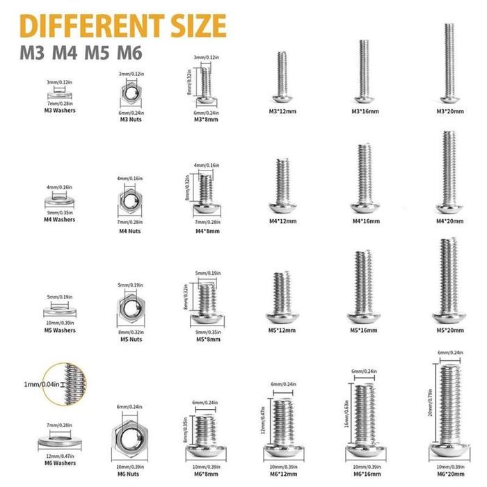 1080pcs/Set Baut Dan Mur Set 304 Stainless Steel Baut Soket Mur Dan Mur M2/M3/M4 Hex Socket Bolt And