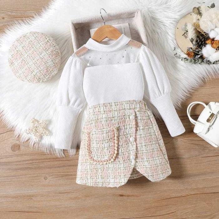 NEW SET Baju Anak Perempuan 3 in 1 Atasan Lengan Panjang Rok Tweed Pendek Topi Tweed Fashion Korea U