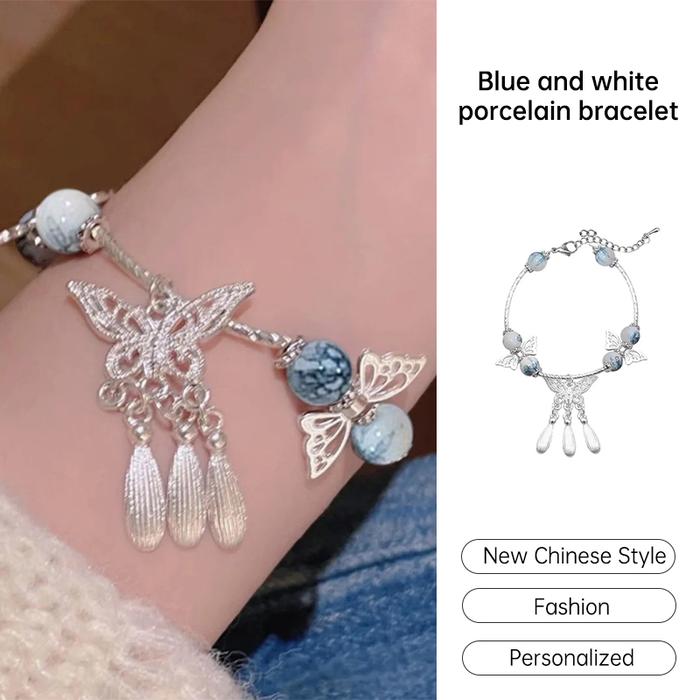 COD Gelang Porselen Biru Putih Gaya Kuno Gelang Kupu-kupu Rumbai Gelang Niche Wanita ZEN
