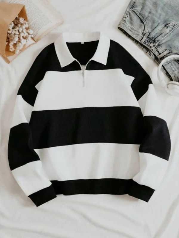 Sweater Rugby Salur Pria Wanita Hitam Biru navy Hijau Salur Crewneck Kerah Katun Muda Polo Putih Sab