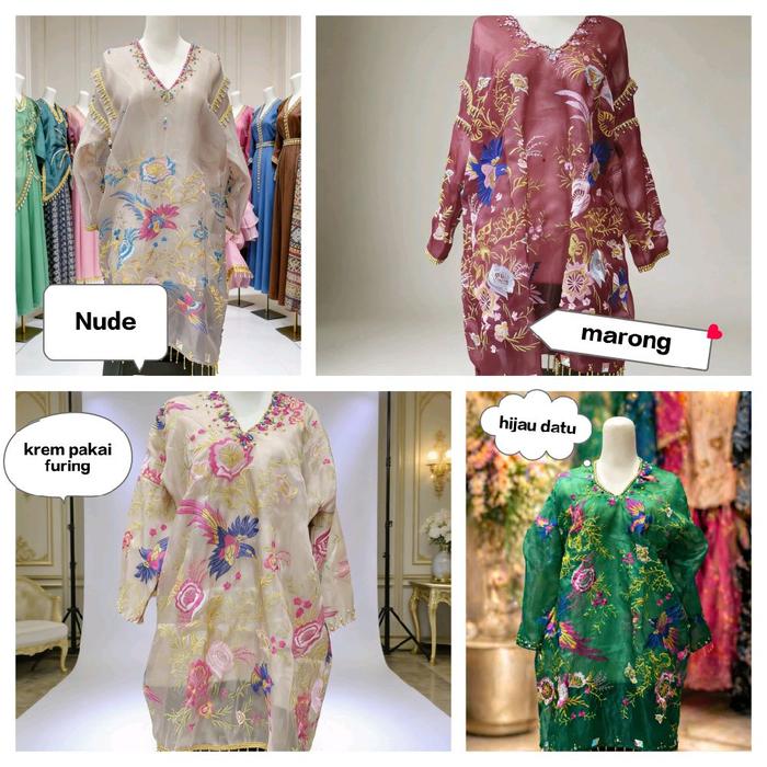 Baju Bodo Modern Motif Burung Bordir - Nude, Marong, Krem Pakai Furing, Hijau Datu