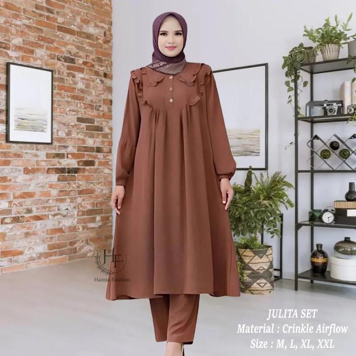 HAMIA|Julita|One Set Wanita Muslim Terbaru 2024 Tunik Panjang Polos dan Celana Kulot Bahan Crinkle A