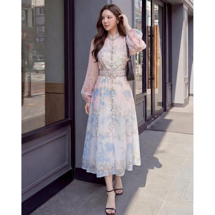 D1805 SYIFA KOREAN STYLE FLORAL VINTAGE MAXI DRESS MOTIF BUNGA KANCING ELEGAN ORGANZA