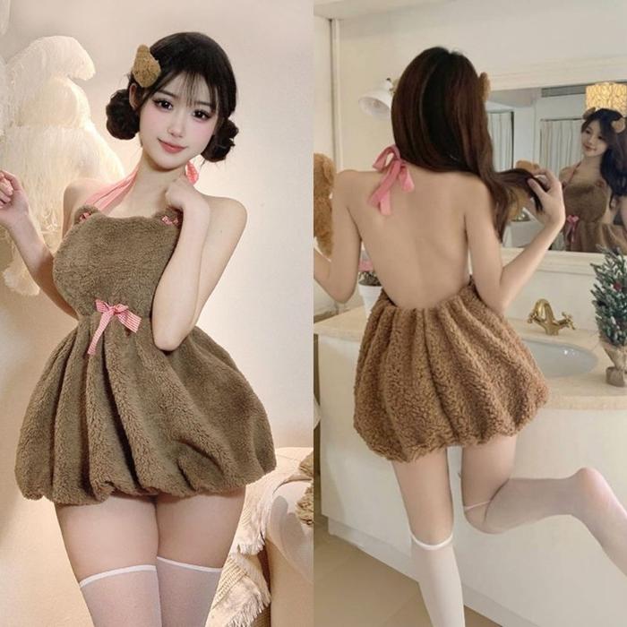 Gaun malam pendek wanita motif beruang lucu model lingerie