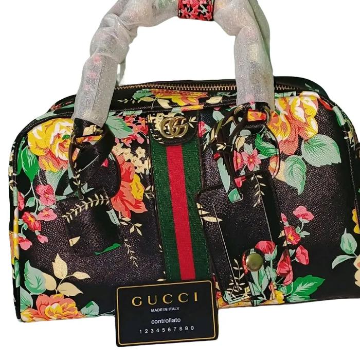 Guccay Tas Speedy dengan Motif Bunga dan Tali Merah Hijau - Made in Italy