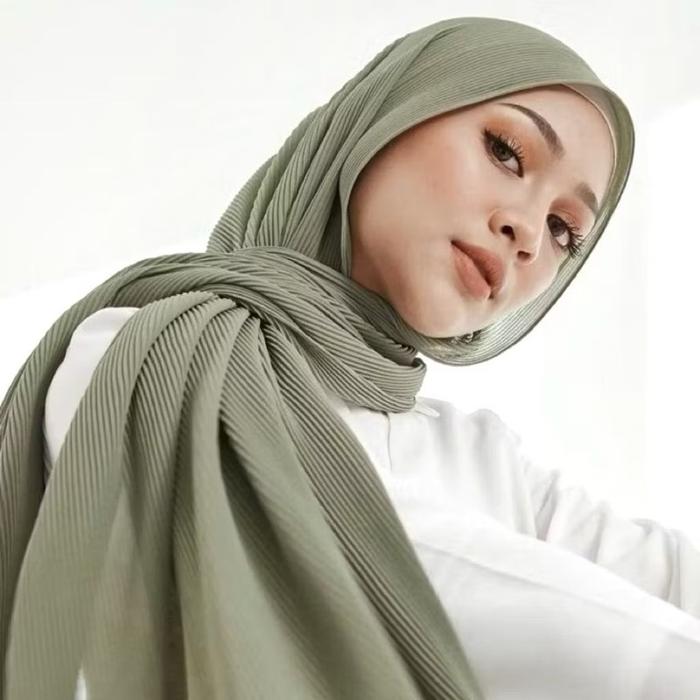 OBRAL Pashmina Plisket Lidi Premium Tanpa Garis Tengah Warna Sage Green