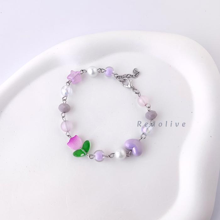 Gelang Manik Mutiara Kristal Bintang Bunga Tulip Kaca Bracelet Mote Chain Love dengan Desain Elegan