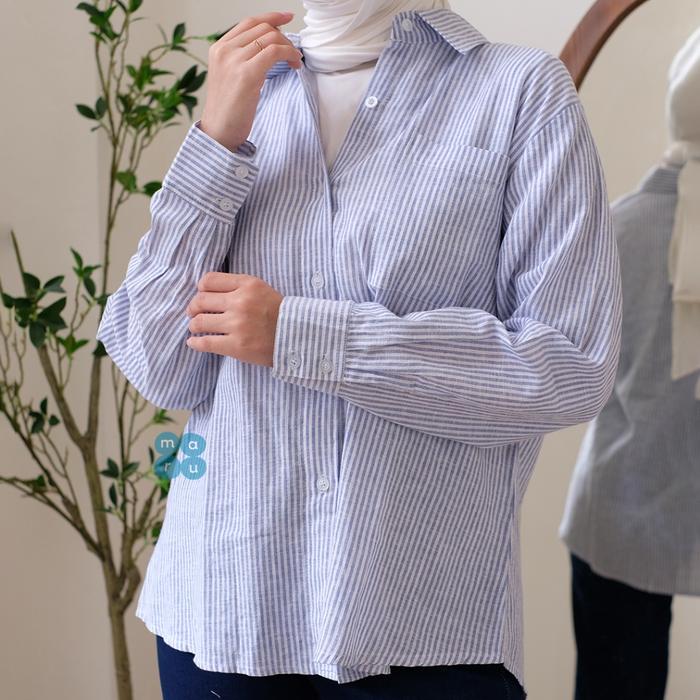 DAMI LINEN STRIPES SHIRT | KEMEJA WANITA SALUR LINEN SHIRT PAKAIAN KERJA ATASAN FORMAL GARIS CEWEK E