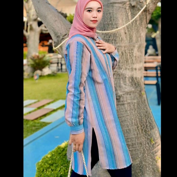 Long Tunik Citra Cotton Salur by vuitton Three Abu Biru Pink Kain Motif Wanita Panjang Atasan Muslim