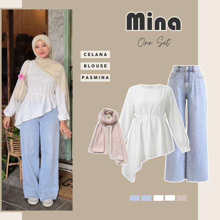 One Set Setelan Elegan 3in1 (Celana+Blouse+Pashmina) Korean Style Fashion Wanita Mina_BB330