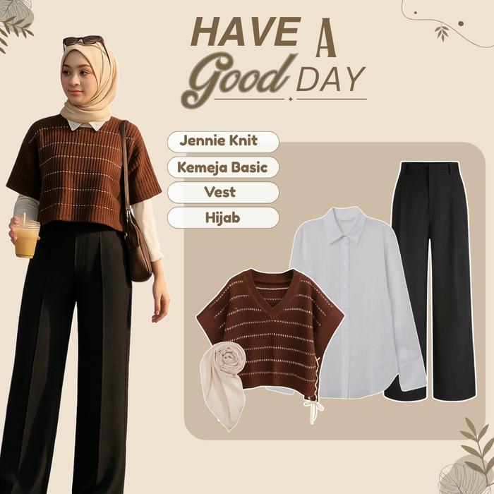 One Set Wanita Kekinian ( Atasan Kemeja + Vest Crop Tali Samping + Jennie Knit + Hijab Bella Square 