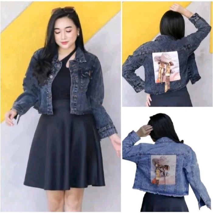 JAKET CROP JEANS PITA BELAKANG KOREA STYLE Atasan Denim Panjang Hitam Outer Top