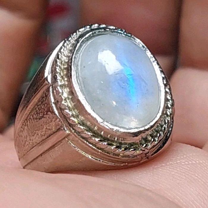 (Cod) Cincin batu biduri bulan 14mm moonstone batu akik pria