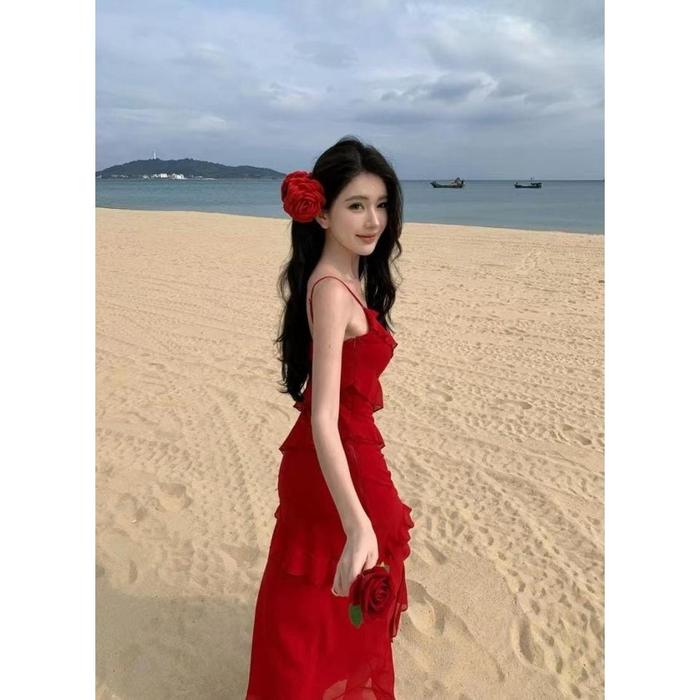 YUVI wine red long dress woman premium / dress maxi wanita / dress pesta wanita / korean summer dres