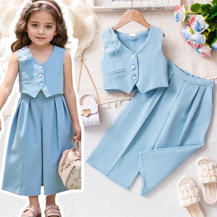 Setelan Anak Perempuan Elegan Tanpa Lengan Warna Biru Langit Vest & Celana Kulot Bahan Katun Polyest