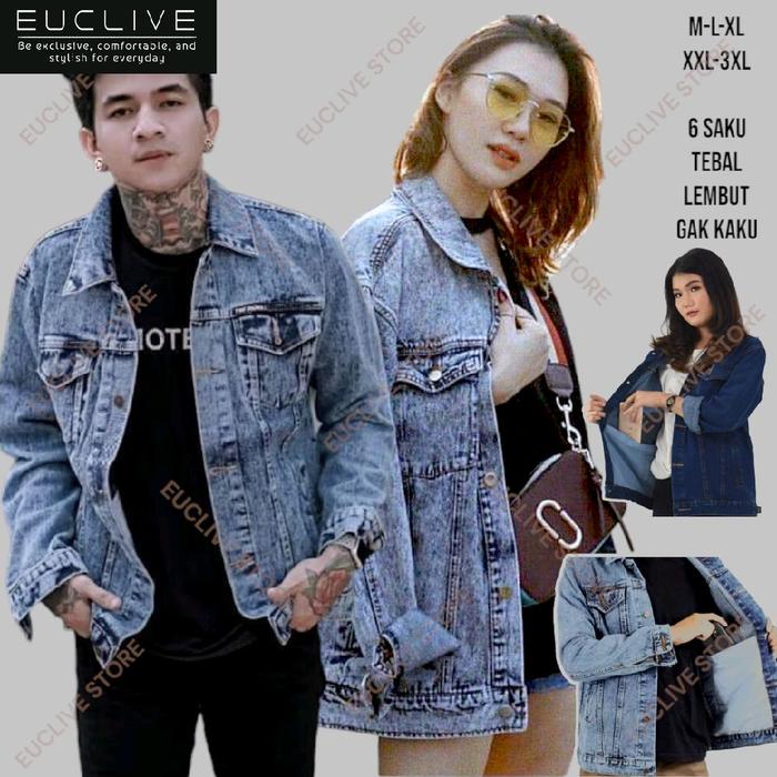 Jaket Jeans Denim Premium Oversize Jumbo All Size M-3XL- Jeans Sandwash Biru Hitam Putih - Mantel Pr