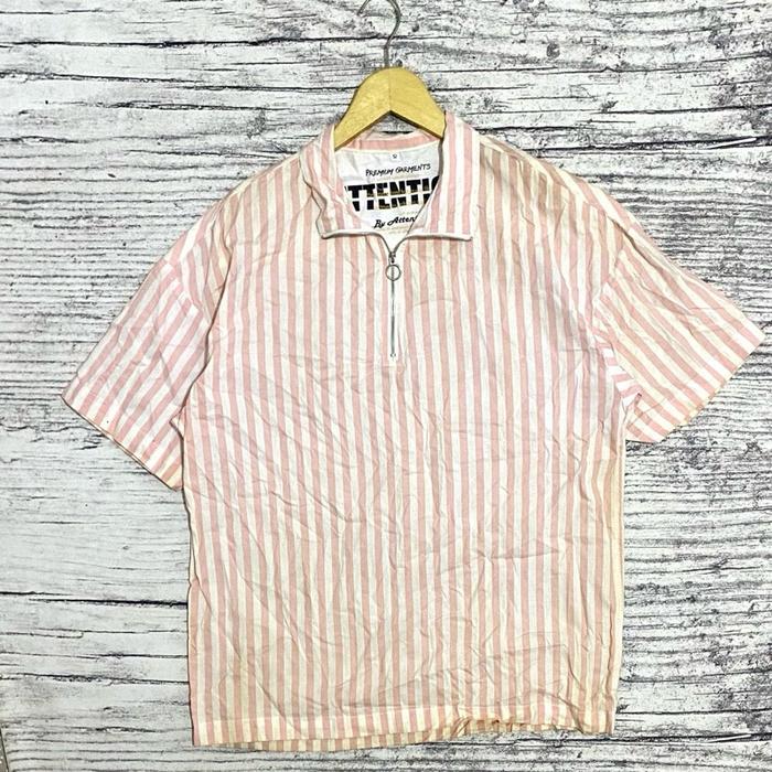 Blouse blus atasan wanita cewek perempuan halfziper half zipper lengan pendek salur garis pink putih