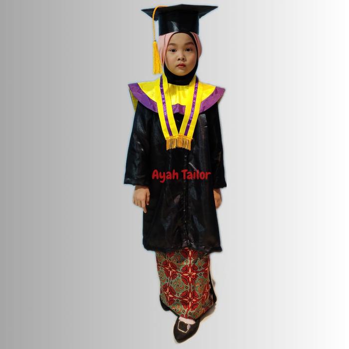 BAJU TOGA JUBAH WISUDA TK PAUD KUNING LIST UNGU - HITAM, S