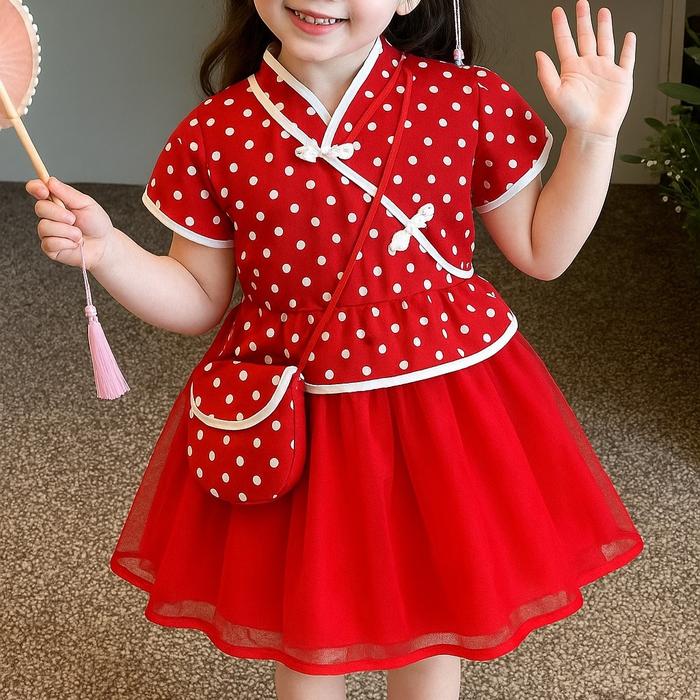 BAJU CINA DRESS ANAK PEREMPUAN MOTIF POLKADOT/CINA CHEONGSAM ANAK Fashion