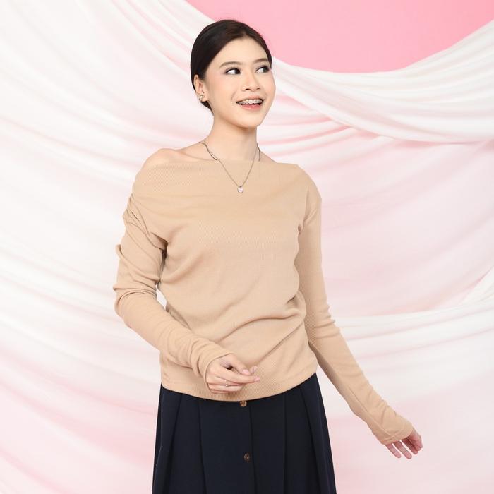 Yoenik Apparel Dohwa Tops Sabrina Longsleeve Knit Top Atasan Wanita Korean Style Kekinian