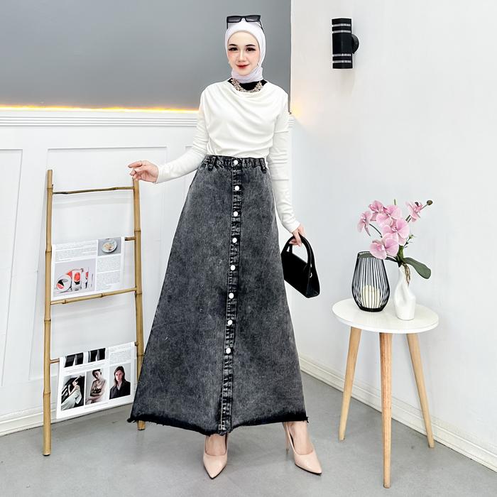 Rok Jeans Kancing Depan Model Korea untuk Wanita - Katun // rok jeans full kancing aktif depan korea