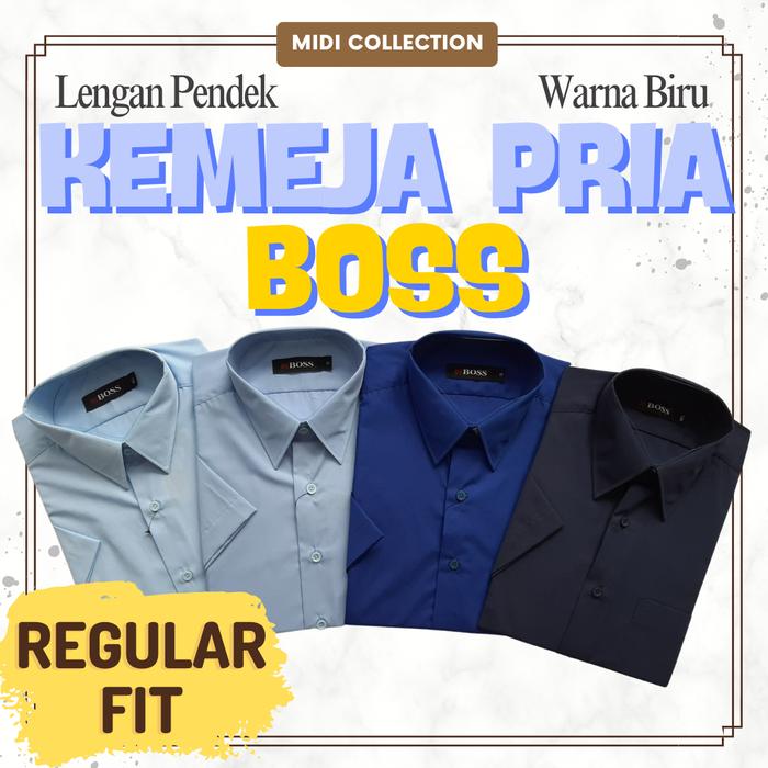 Kemeja Kerja Pria BOSS Original Lengan Pendek Formal & Casual - Warna BIRU Size XS-XL