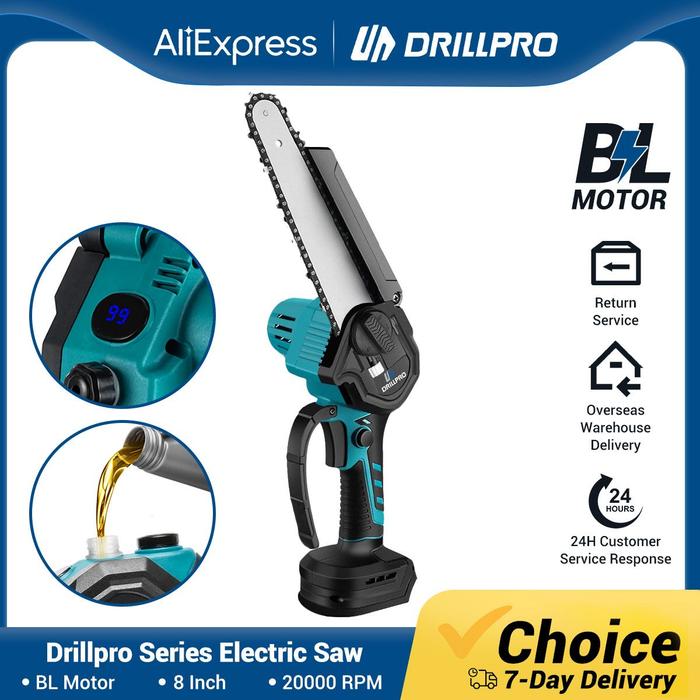 Drillpro 8 Inch Brushless ChainSaw Cordless Electric Saw Woodworking Pruning Chainsaw Garden Power T