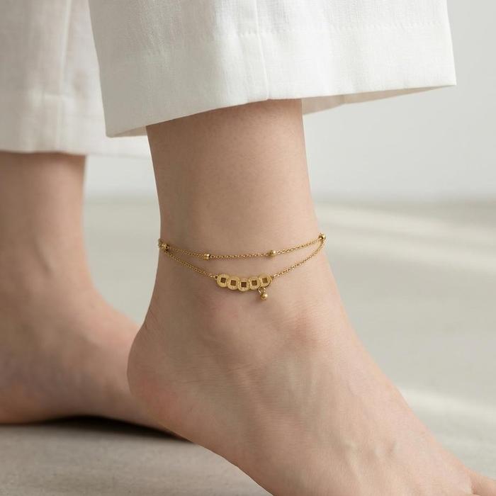 Gelang Kaki Titanium Wanita Fortune Coins Double Layer Gold Rantai Koin Hoki Aksesoris Korea Elegan 