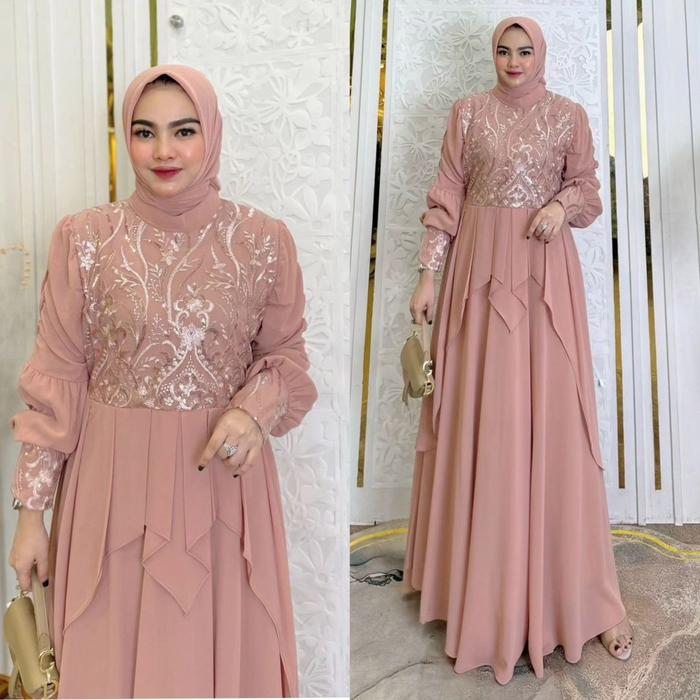 gamis 2024 mewah elegan Queena Dress maat ceruty babydoll mix berukat gaun kondangan kekinian Muslim